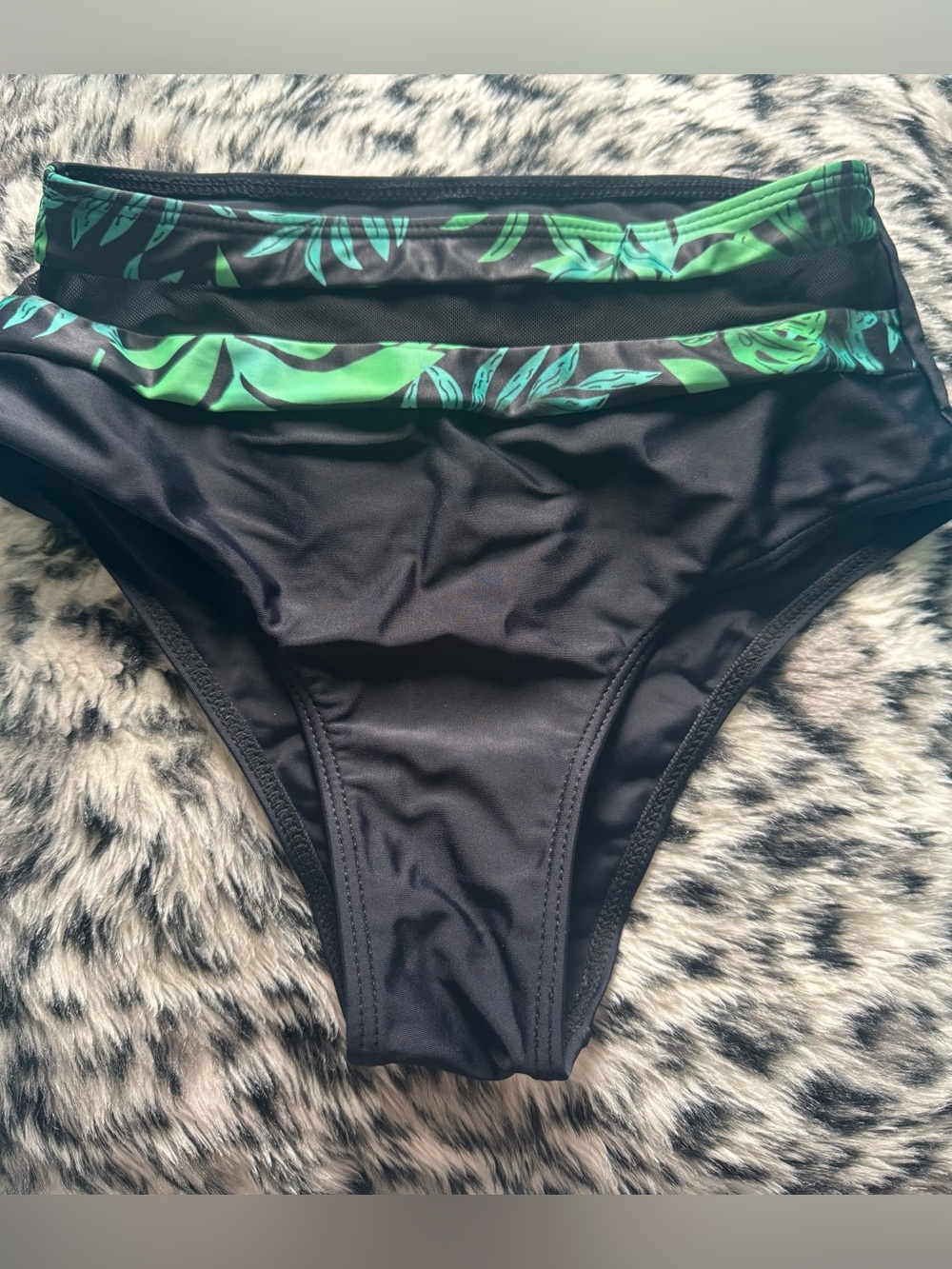 2 for 10$ Black High-Waist Bikini Bottom with Green Leaf Trim